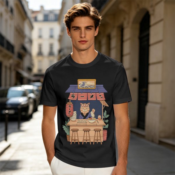 Olive T-Shirt with Cat Ramen Shop Artwork