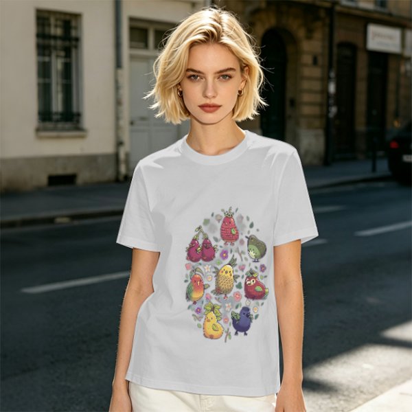 Olive Green T-Shirt With Whimsical Fruit Bird Graphic Print