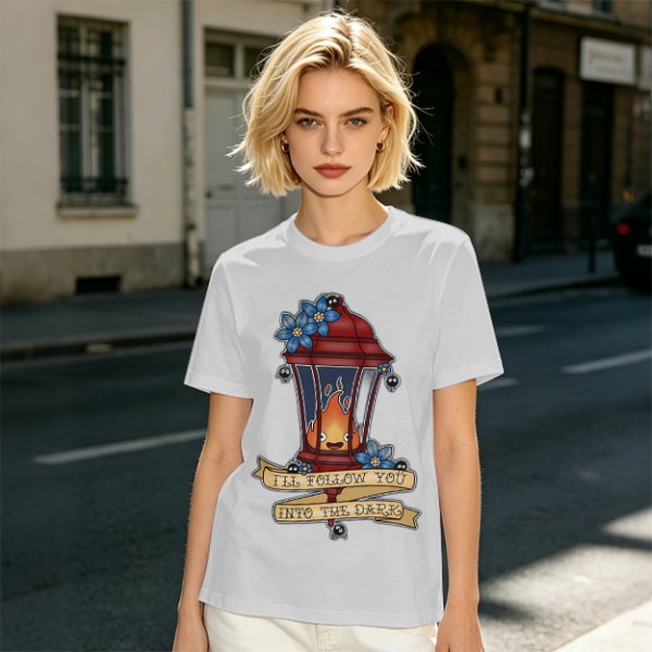 Olive t-shirt with lantern flame graphic and 'I'll follow you into the dark' text