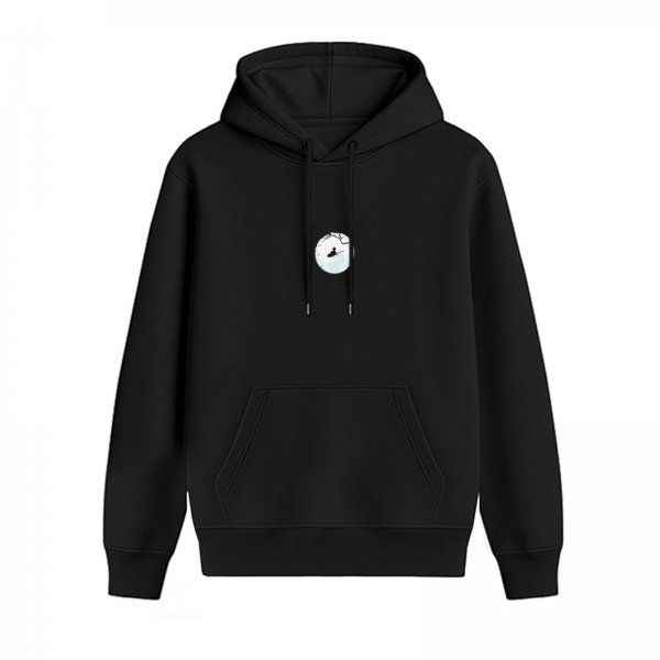 Black hoodie with small circular moon and figure graphic
