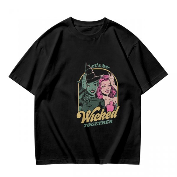 Olive green graphic t-shirt with 'Let's be Wicked Together' witch design