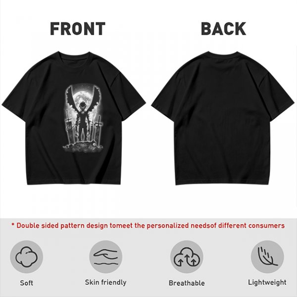 Olive t-shirt with dark anime winged warrior under full moon print