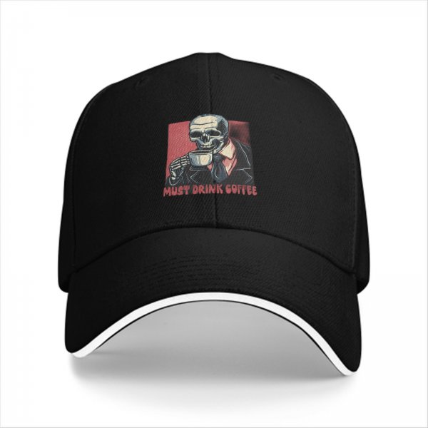 Black baseball cap with skeleton drinking coffee must drink coffee print