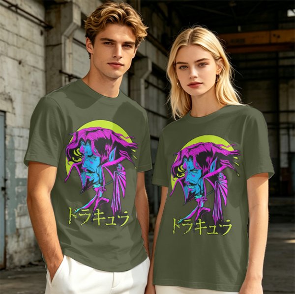 Olive t-shirt with neon vampire Dracula graphic and Japanese text