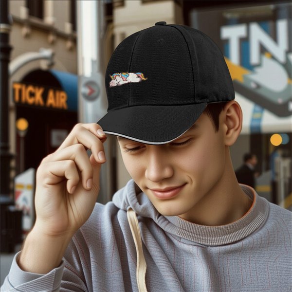 Black baseball cap with a cute lying rainbow unicorn graphic