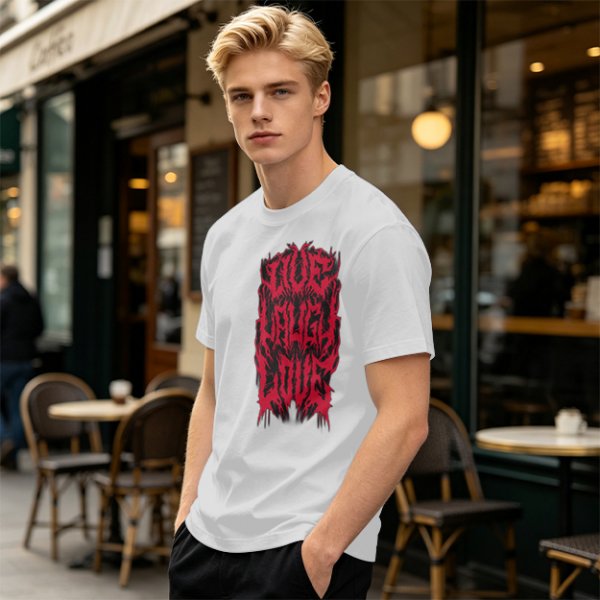 Olive green graphic t-shirt with dark metal style Live Laugh Love print