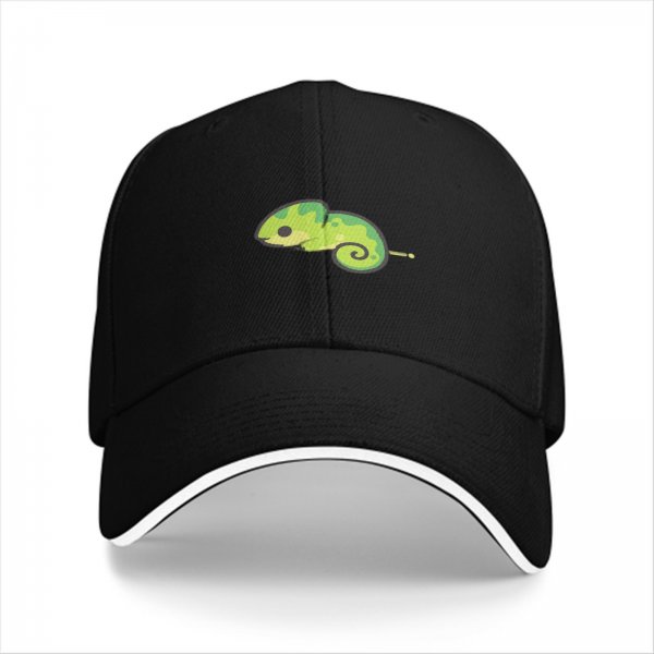 Black Baseball Cap with Cute Green Chameleon Graphic