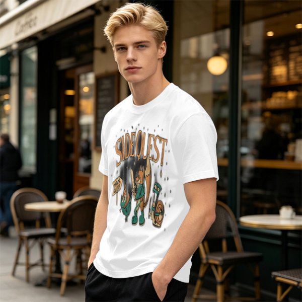 Olive t-shirt with Side Quest fantasy adventure graphic print