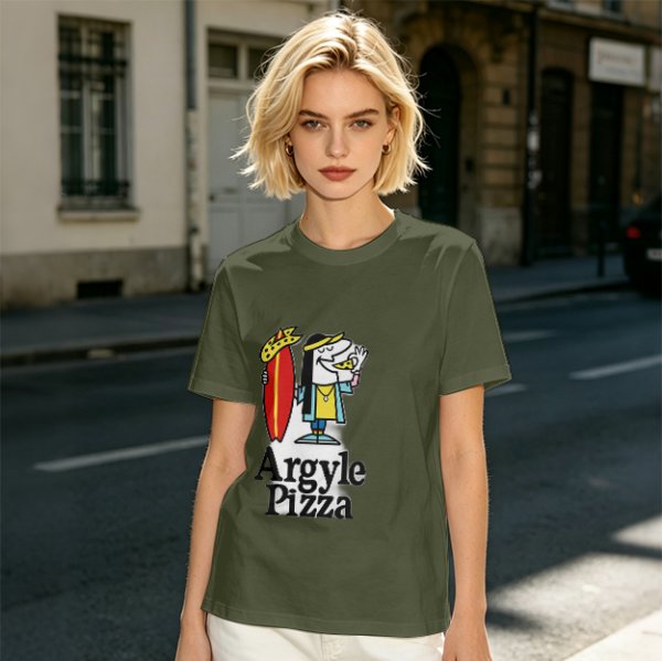 Olive T-Shirt with Surfer Pizza Character and Argyle Pizza Print