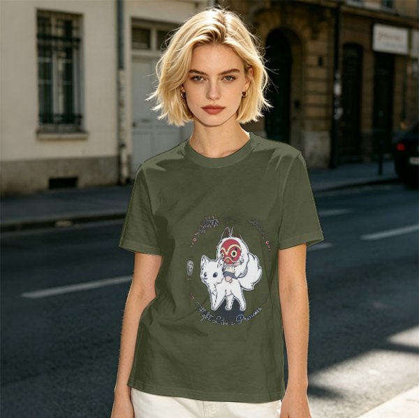 Olive T-Shirt With Chibi Princess Mononoke Wolf Rider Artwork