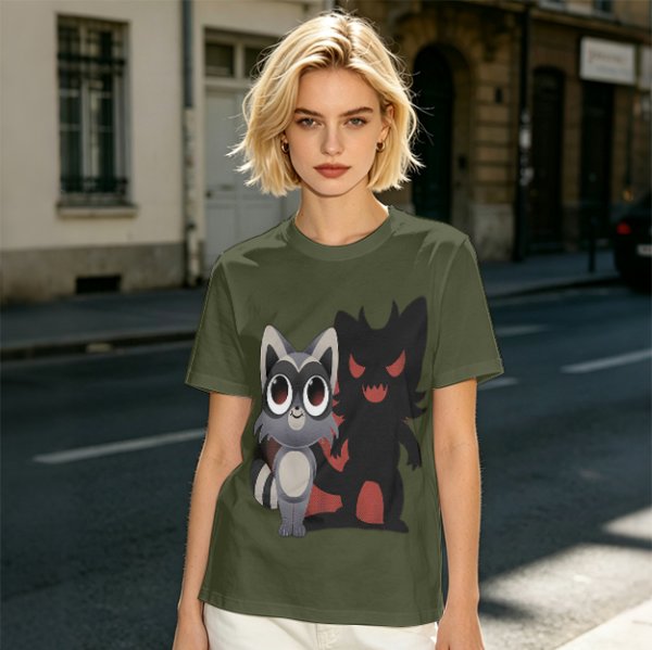 Olive T-Shirt With Cute Raccoon And Shadow Monster Graphic