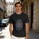 Olive green t-shirt with retro robot monster city attack graphic