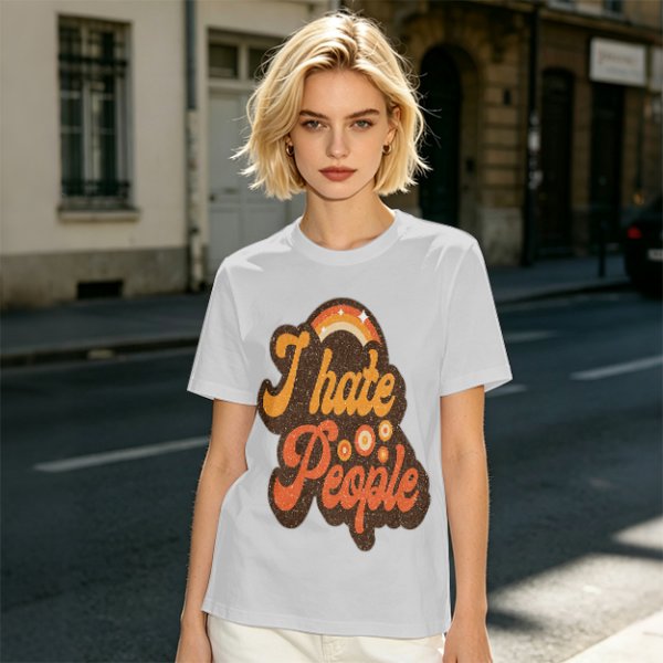 Olive Green Retro Graphic T-Shirt with "I Hate People" Print