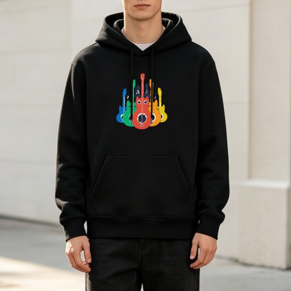 Black Hoodie With Colorful Cartoon Guitars Graphic