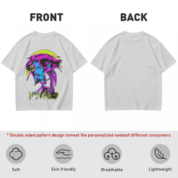 Olive t-shirt with neon vampire Dracula graphic and Japanese text