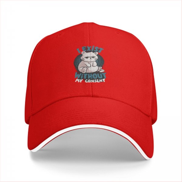 Black baseball cap with 'I Exist Without My Consent' grumpy cat print