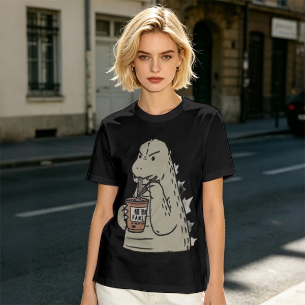 Olive T-Shirt Featuring Godzilla Eating Ramen