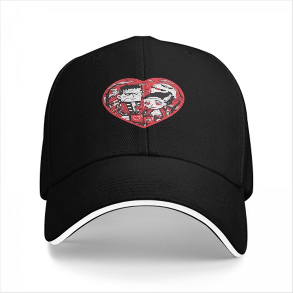 Black baseball cap with Frankenstein and bride heart graphic