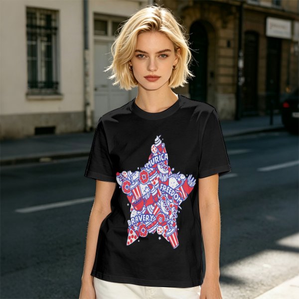 Olive T-Shirt With Patriotic Star Fast Food Print