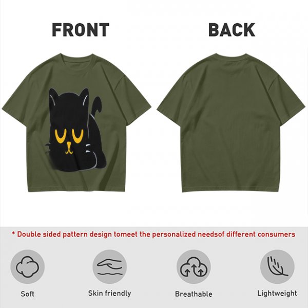 Olive T-Shirt with Relaxed Black Cat Graphic Design