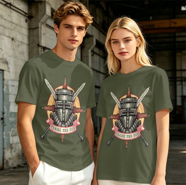 Olive T-Shirt With Praise The Sun Knight Helmet Crossed Swords Artwork