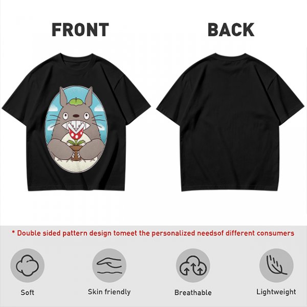 Olive Green T-Shirt with Totoro Holding Piranha Plant Print