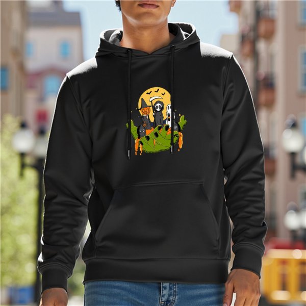 Black Hoodie With Halloween Ghosts Grim Reaper Pumpkin Print