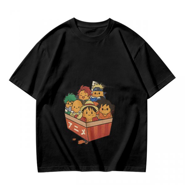 Olive T-shirt with Chibi Anime Characters in Takeout Box