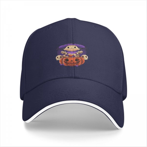 Black Baseball Cap With Cute Halloween Witch Cat Jack O Lantern Design