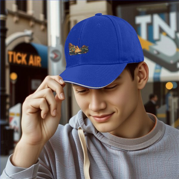 Black Baseball Cap With Campfire And Characters Graphic Print