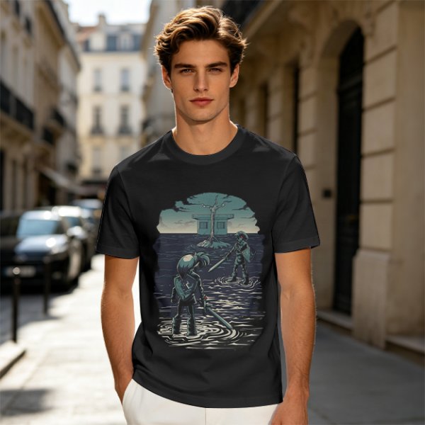 Olive T-shirt with two warriors standing in water holding swords