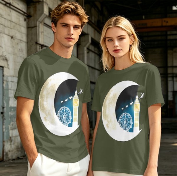 Olive T-Shirt with Crescent Moon London Skyline Flying Figures Print