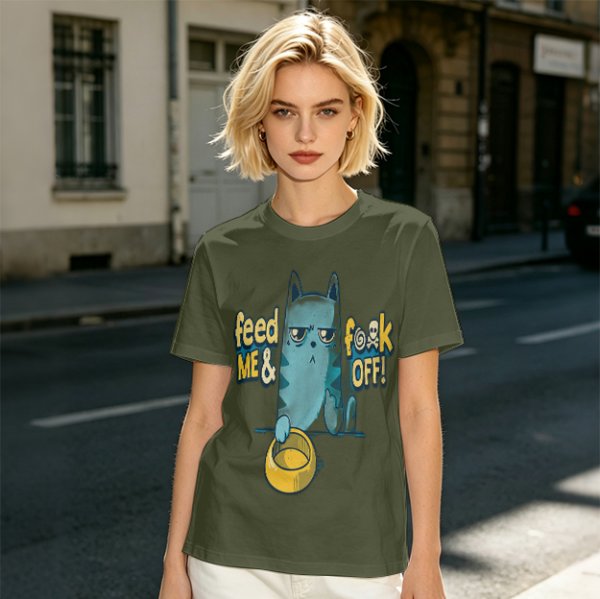 Olive T-Shirt With Grumpy Cat Feed Me And F Off Print