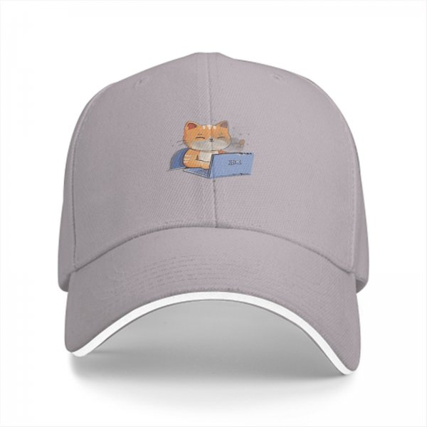 Black baseball cap with a cartoon cat working on a laptop print