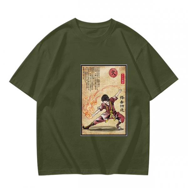 Olive t-shirt with firebender martial arts graphic print
