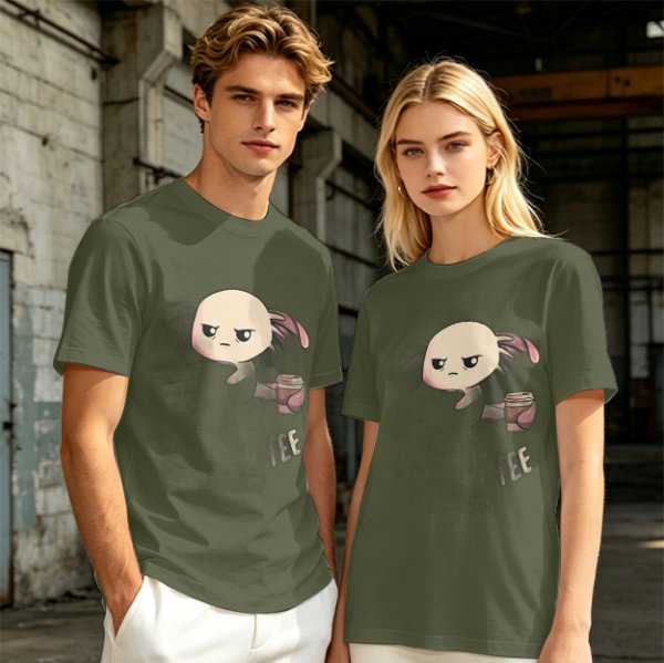 Olive T-shirt with Grumpy Axolotl Holding Coffee Print