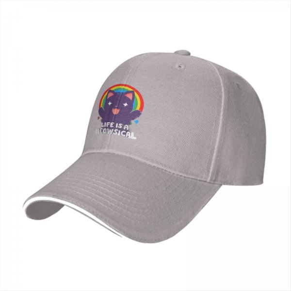 Black baseball cap with cheerful purple cat rainbow and Life is a Meowsical text