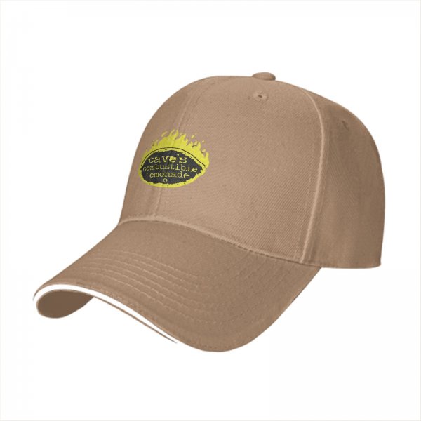 Black baseball cap with Cave's Combustible Lemonade flame logo