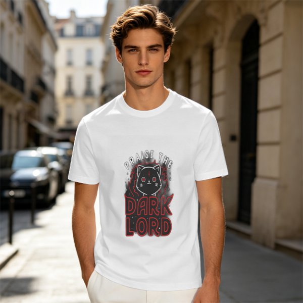 Olive t-shirt with 'Praise the Dark Lord' and dark cat graphic