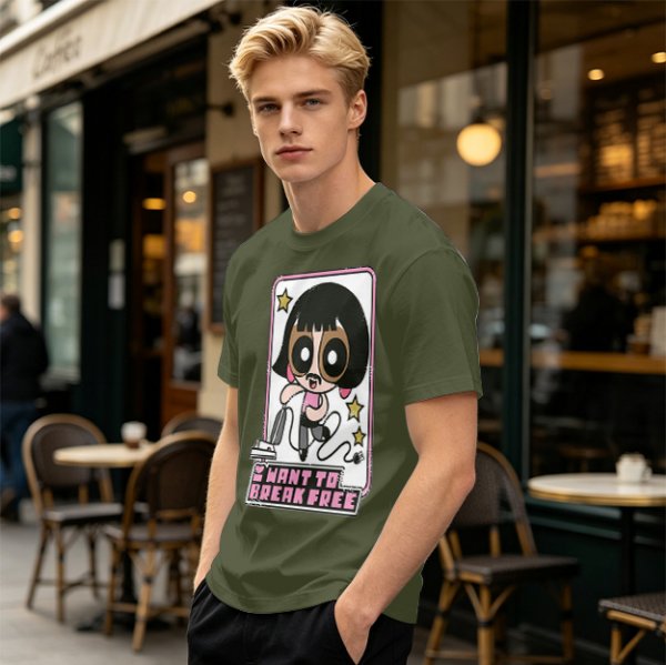 Olive green graphic t-shirt with Powerpuff-style character and 'I Want To Break Free' text