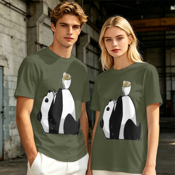 Olive T-Shirt With Panda Balancing Ramen Bowl Print