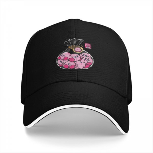 Black baseball cap with a bag of cute pink Kirby characters print