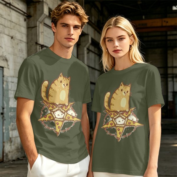 Olive T-Shirt With Cat Sitting On Pizza Pentagram Artwork