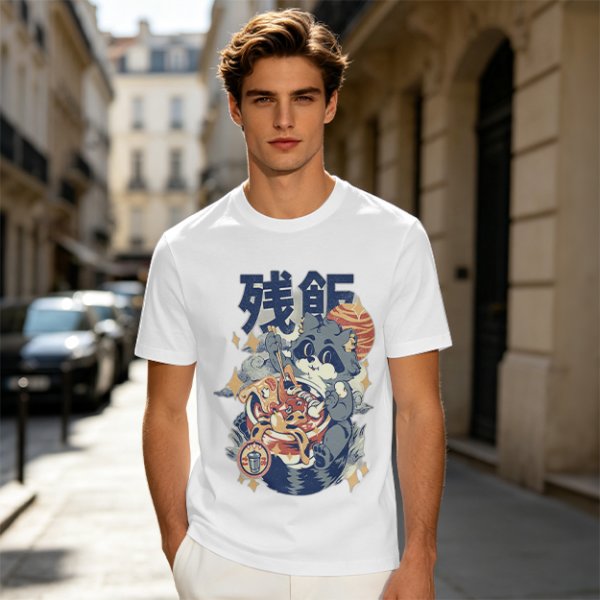 Olive green graphic t-shirt with raccoon eating ramen print