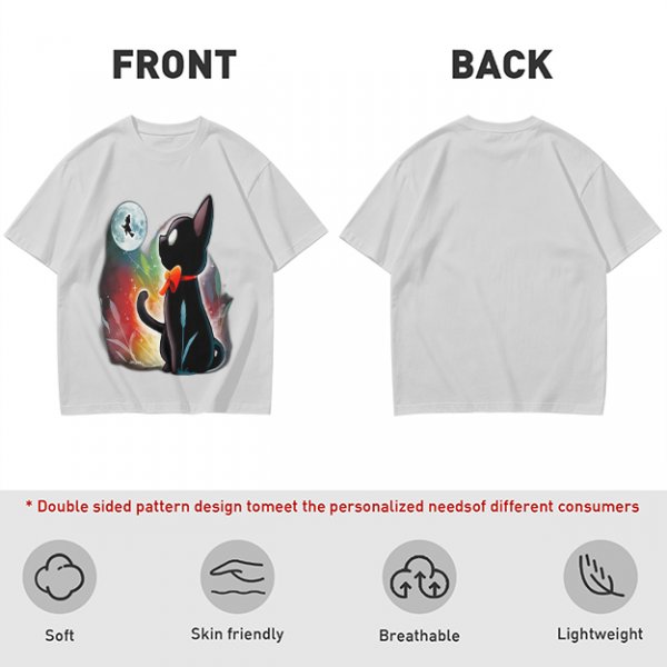 Olive T-shirt with black cat watching moon witch silhouette print