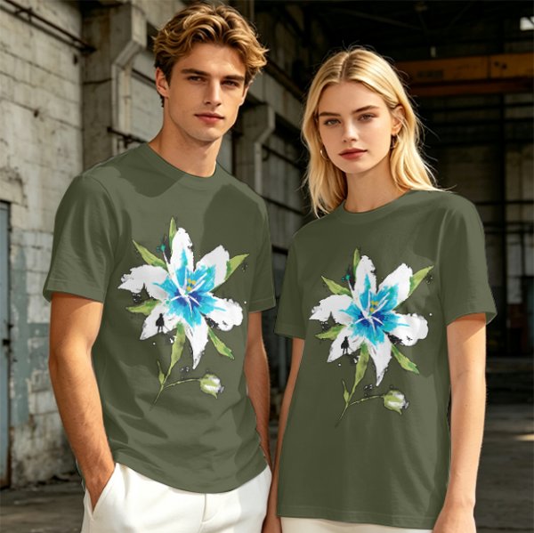 Olive Green T-Shirt with Watercolor Blue Lily Flower Print