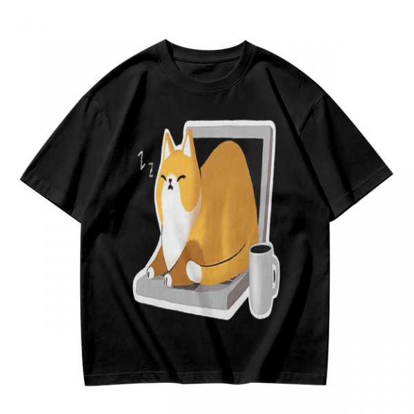 Olive T-Shirt with a Sleeping Cat on a Laptop Print