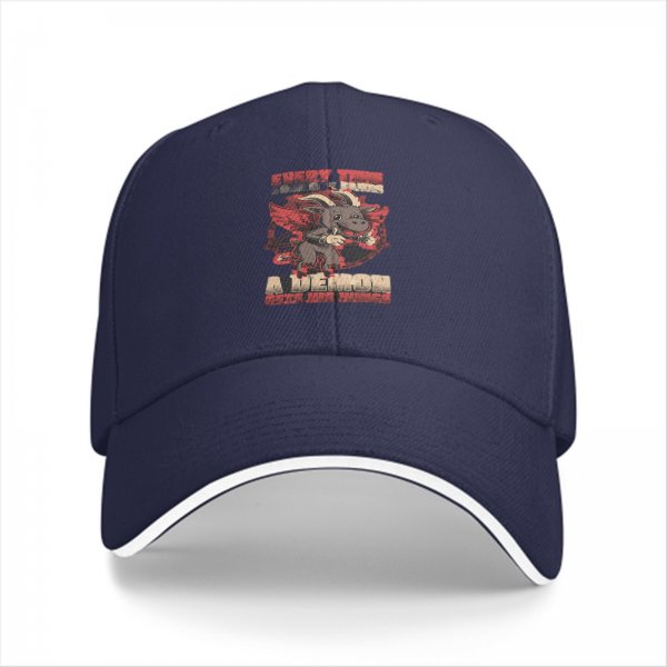 Black baseball cap with cute demon goat graphic and text