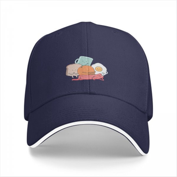 Black baseball cap with cute breakfast food character print