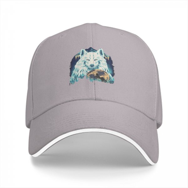Black Baseball Cap With White Wolf And Moon Graphic Design
